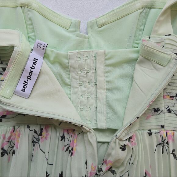 MS Self-Portrait Green Floral Pleat Mini Dress Women Size 2 NWT Sweetheart Cute - Picture 11 of 15